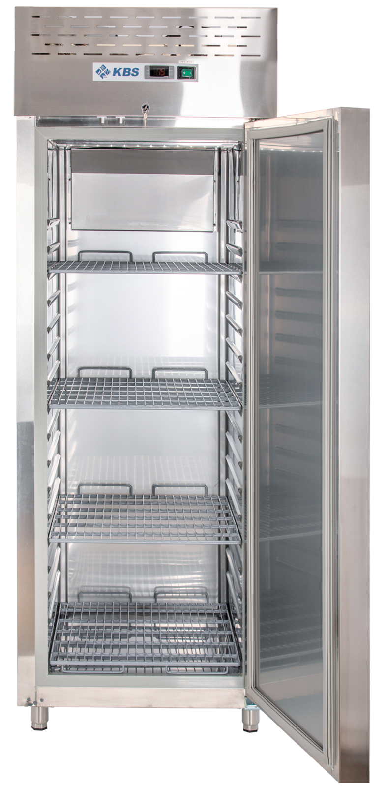 KBS Edelstahlkühlschrank KU 740 Frontansicht mit geöffneter Tür, leerer Innenraum mit vier verstellbaren Gitterrosten, geeignet für Gastronomie, Großküchen und Bäckereien.