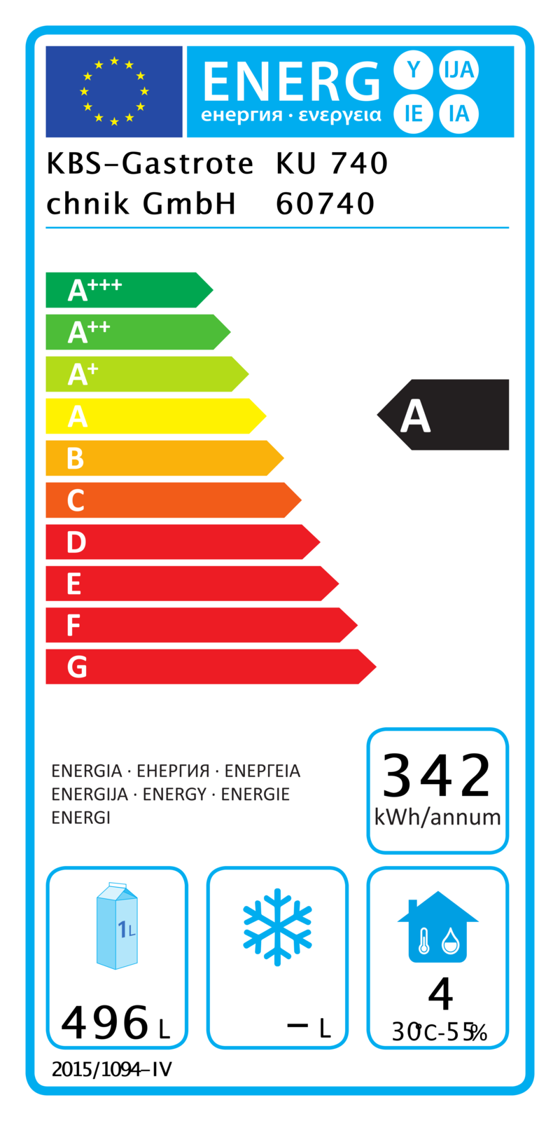 60740 EU-Energielabel mit Piktogrammen für Kühlgerät, Effizienzklasse, Verbrauchswerten, Herstellerkennung und grafischer Skala