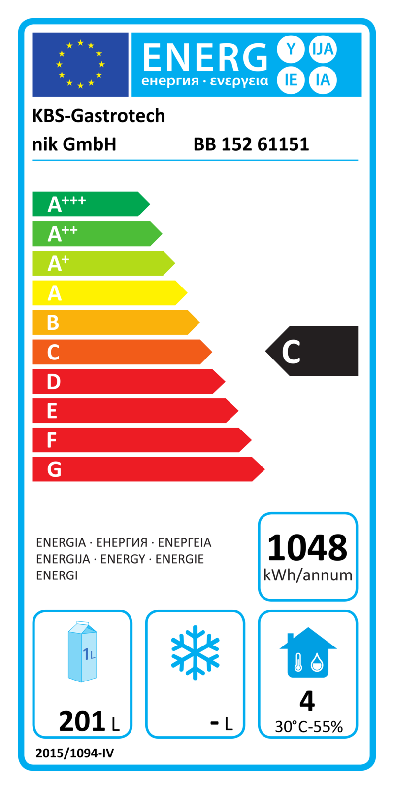 61151 EU-Energielabel mit Piktogrammen für Kühlgerät, Effizienzklasse, Verbrauchswerten, Herstellerkennung und grafischer Skala