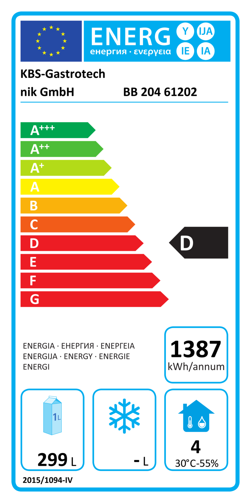 61202 EU-Energielabel mit Piktogrammen für Kühlgerät, Effizienzklasse, Verbrauchswerten, Herstellerkennung und grafischer Skala