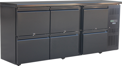 Schwarze Backbar aus Edelstahl mit sechs Schubladen und Kühlsystem