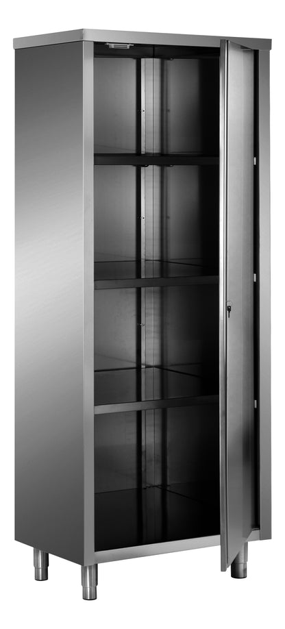 Edelstahl-Lagerschrank mit einer Flügeltür, 5 schwarzen Böden, silberne Rahmenkonstruktion, auf Füßen stehend