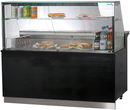 KBS Kühltheken-Ensemble Gastroline Premium in U-Form mit Holzdekor und Granitarbeitsfläche. Unterschiedliche Module für Gebäck, belegte Brötchen und warme Speisen. Ideal für Kantinen und Selbstbedienungsbereiche.