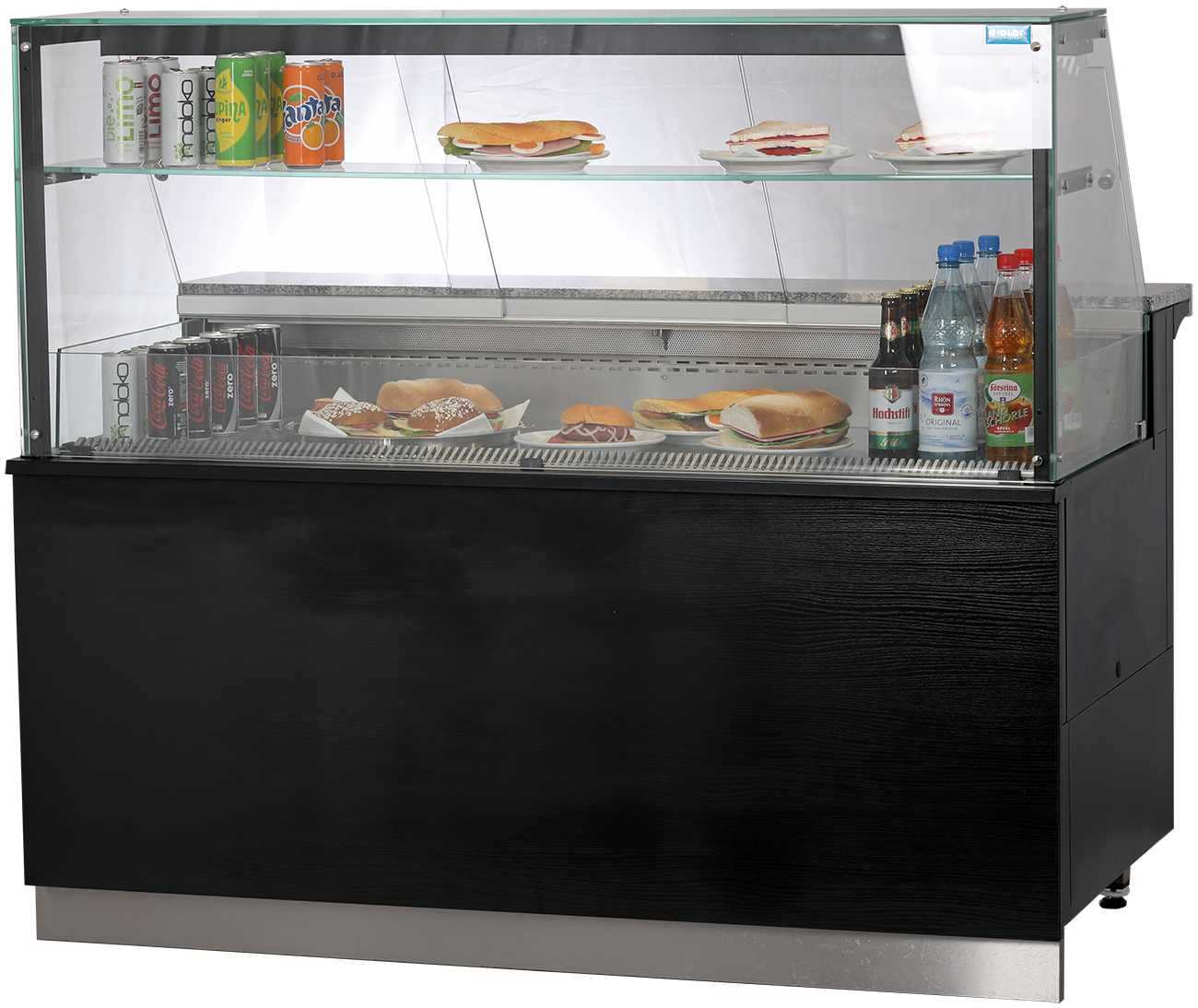KBS Kühltheken-Ensemble Gastroline Premium in U-Form mit Holzdekor und Granitarbeitsfläche. Unterschiedliche Module für Gebäck, belegte Brötchen und warme Speisen. Ideal für Kantinen und Selbstbedienungsbereiche.