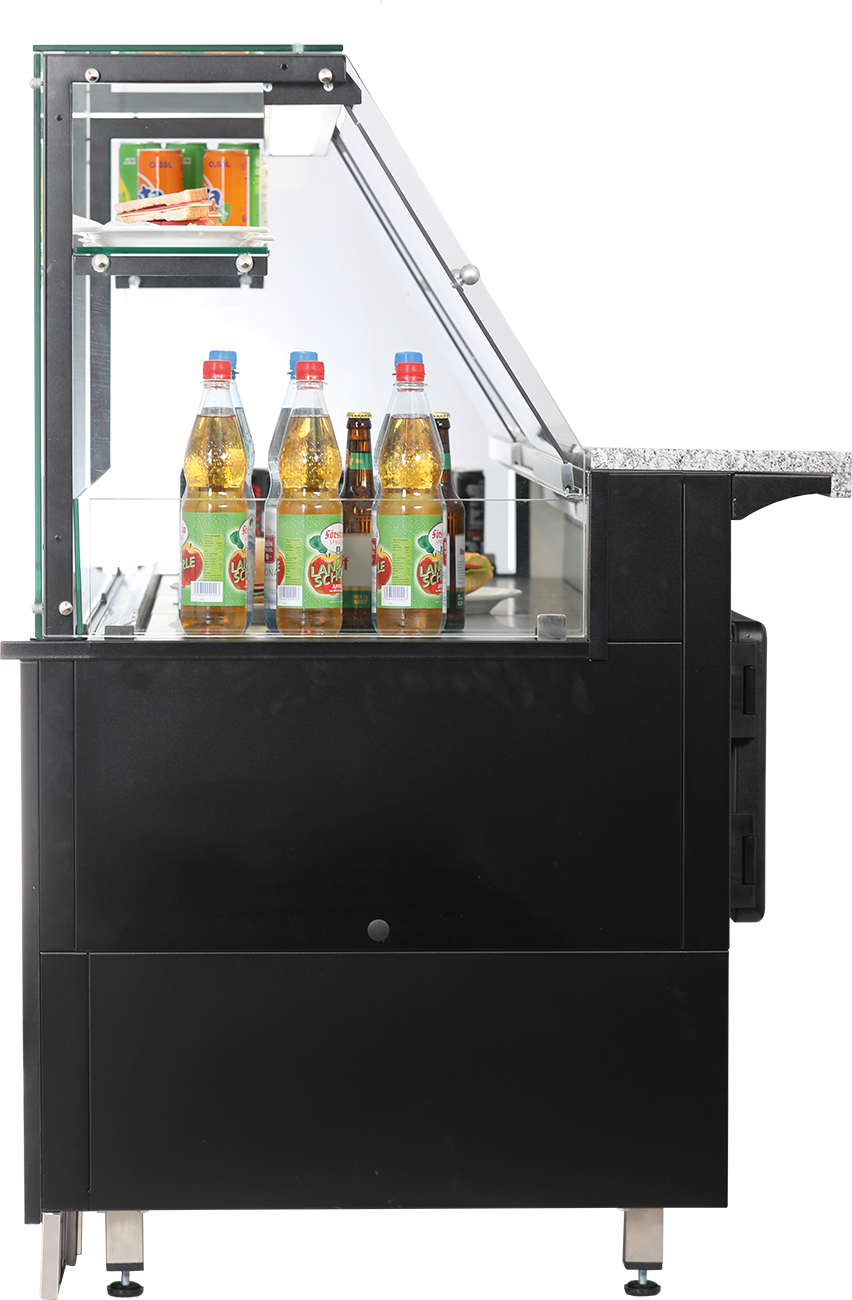 KBS Kühltheke Gastroline Premium mit schwarzer Frontverkleidung und zweistufiger Glasauslage. Präsentation von Sandwiches, Getränken und Gebäck. Rückwand mit LED-Beleuchtung für optimale Warenpräsentation.