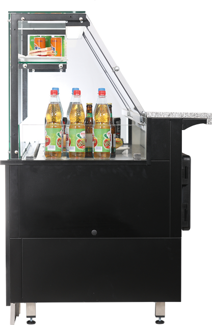 KBS Kühltheke Gastroline Premium mit schwarzer Frontverkleidung und zweistufiger Glasauslage. Präsentation von Sandwiches, Getränken und Gebäck. Rückwand mit LED-Beleuchtung für optimale Warenpräsentation.