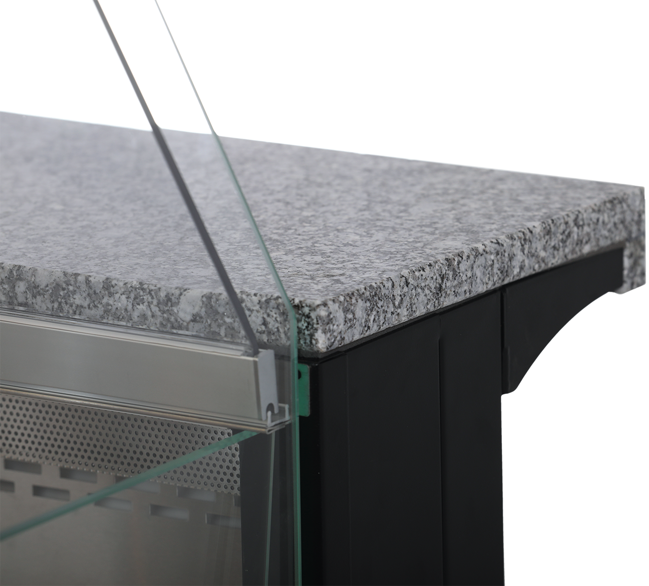KBS Kühltheke Gastroline Premium in Seitenansicht. Detailaufnahme der Glasabdeckung und Getränkepräsentation mit Glasflaschen. Hochwertige Materialien und Sichtbarkeit für Selbstbedienung.