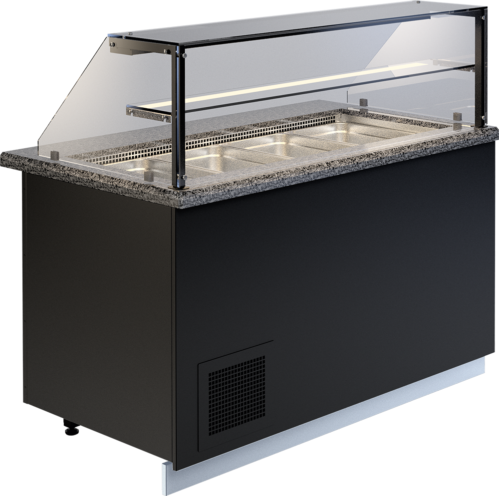 Kühltheke GASTROLINE PREMIUM von KBS mit Glasaufsatz, LED-Beleuchtung und mehreren Kühlbehältern, in moderner schwarzer Ausführung &ndash; Einsatz in Bäckereien und Caf&eacute;s.