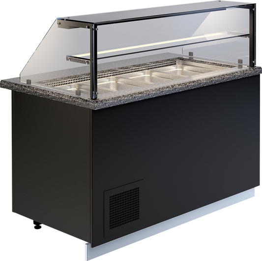 Kühltheke GASTROLINE PREMIUM von KBS mit Glasaufsatz, LED-Beleuchtung und mehreren Kühlbehältern, in moderner schwarzer Ausführung &ndash; Einsatz in Bäckereien und Caf&eacute;s.