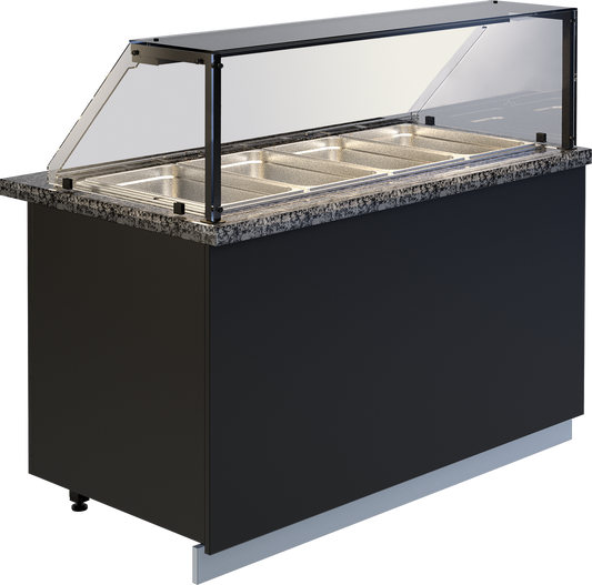 Warmhaltetheke Bain-Marie GASTROLINE PREMIUM von KBS mit stabiler Glasstruktur, geräumigem Beckenbereich für GN-Behälter &ndash; geeignet für Buffets und gastronomische Selbstbedienung.