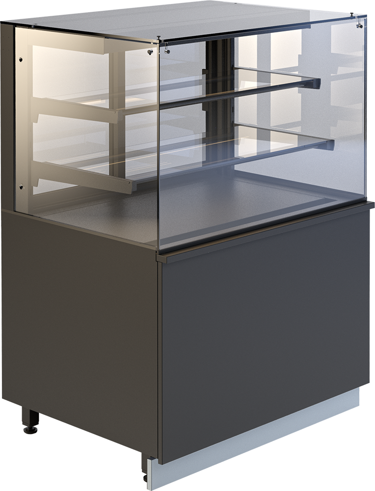 Verkaufsvitrine GASTROLINE PREMIUM SWEET mit zwei Glasböden, LED-Beleuchtung und dunklem Unterbau, ideal für die Präsentation von Süßwaren und Desserts.