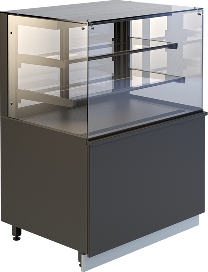 Verkaufsvitrine GASTROLINE PREMIUM SWEET mit zwei Glasböden, LED-Beleuchtung und dunklem Unterbau, ideal für die Präsentation von Süßwaren und Desserts.