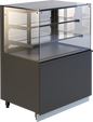 Verkaufsvitrine GASTROLINE PREMIUM SWEET mit zwei Glasböden, LED-Beleuchtung und dunklem Unterbau, ideal für die Präsentation von Süßwaren und Desserts.