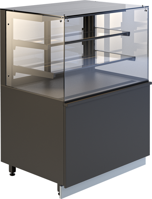 Verkaufsvitrine GASTROLINE PREMIUM SWEET mit zwei Glasböden, LED-Beleuchtung und dunklem Unterbau, ideal für die Präsentation von Süßwaren und Desserts.