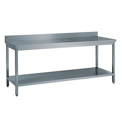 KBS stainless steel work table with upstand and lower storage shelf. Robust design for use in gastronomy and food processing.