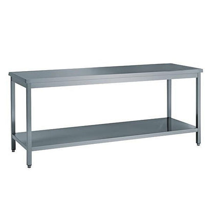 KBS work table with spacious stainless steel top and continuous shelf. View of stable base construction.