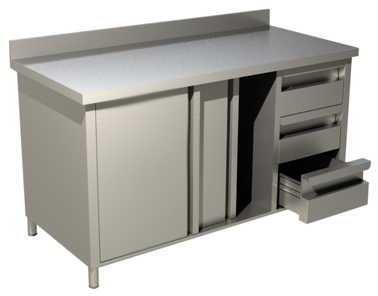 Arbeitsschrank mit Schiebetüren, Schubladen und Aufkantung B 160cm x T 60cm | KBS 90410101 - KBS Gastrotechnik
