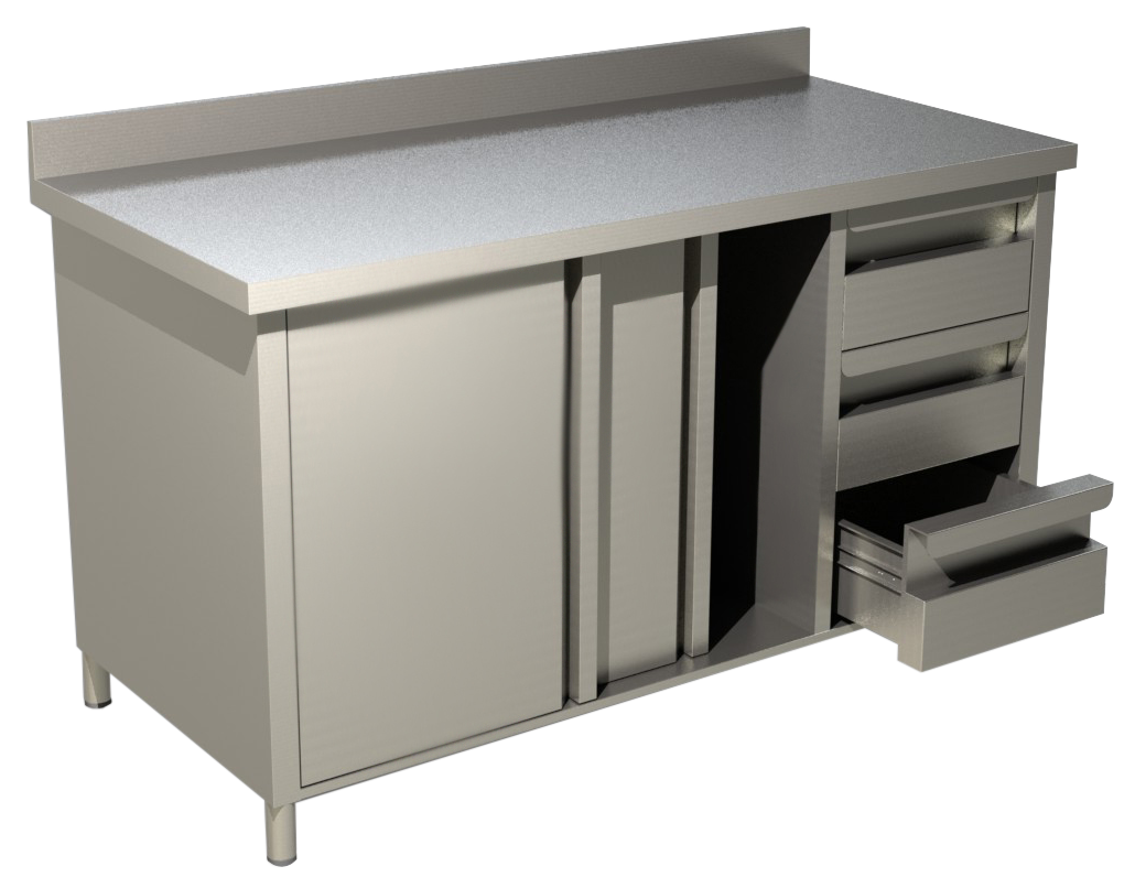 Arbeitsschrank mit Schiebetüren, Schubladen und Aufkantung B 160cm x T 70cm von KBS Gastrotechnik