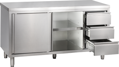 Edelstahl-Arbeitsschrank mit Schiebetüren und drei Schubladen, 160cm breit, Gastronomiegerät