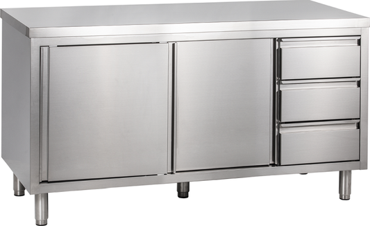 Arbeitsschrank mit Schiebetüren und Schubladenblock B 160cm x T 70cm | KBS 90420201 - KBS Gastrotechnik