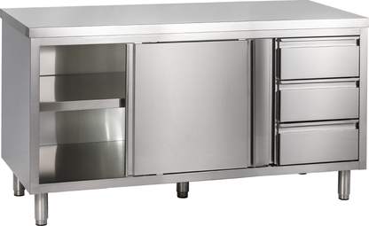 Arbeitsschrank mit Schiebetüren und Schubladenblock B 160cm x T 70cm | KBS 90420201 - KBS Gastrotechnik