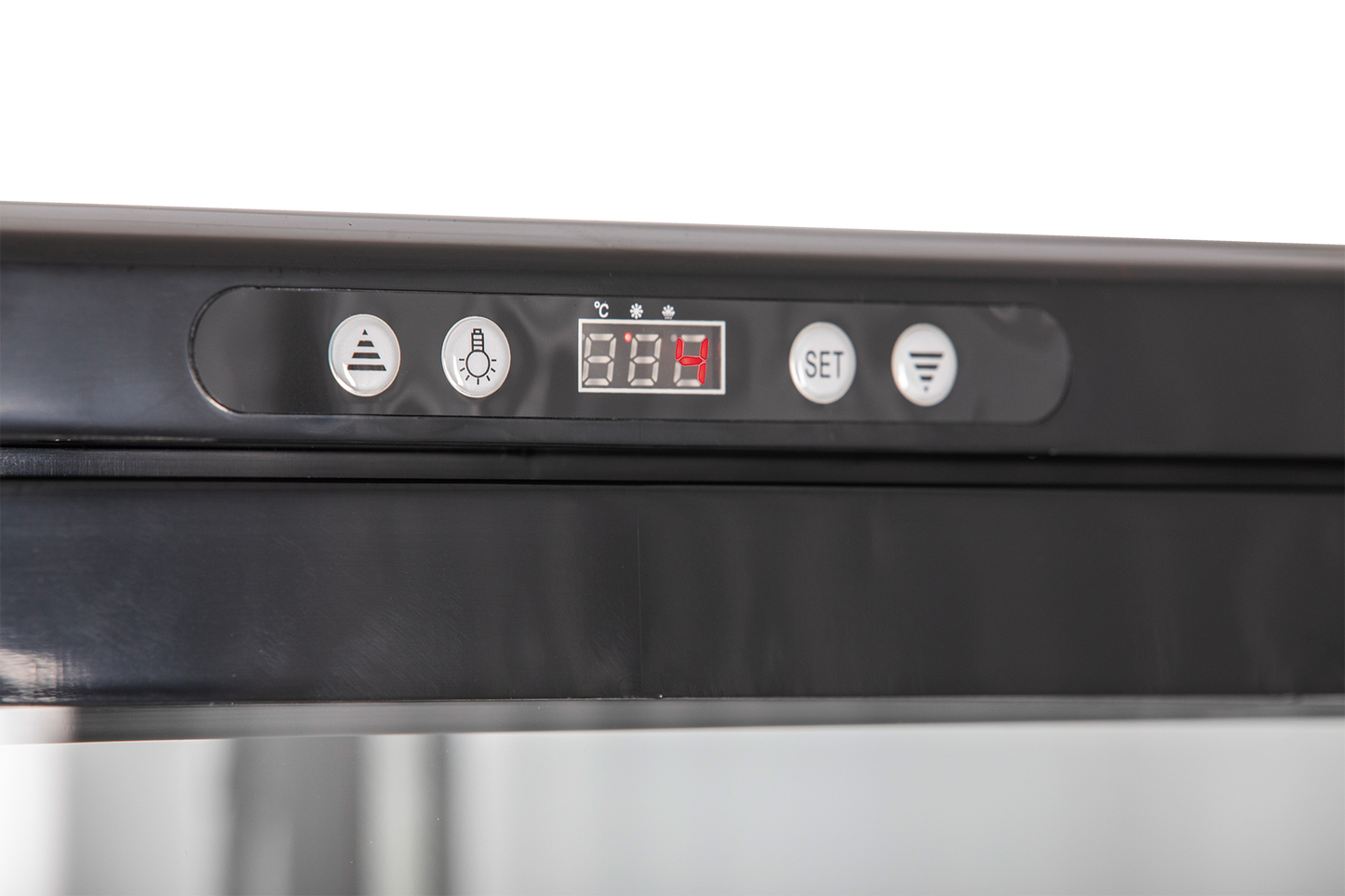KBS Panoramavitrine RT-280 G, Bedienfeld mit Temperaturanzeige und Funktionstasten in Nahaufnahme, schwarze Ausführung, für präzise Kühlsteuerung.
