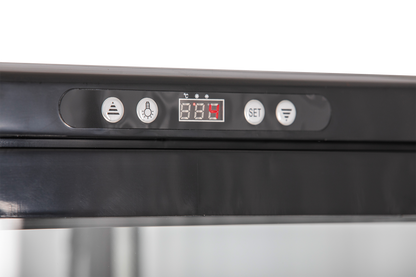 KBS Panoramavitrine RT-280 G, Bedienfeld mit Temperaturanzeige und Funktionstasten in Nahaufnahme, schwarze Ausführung, für präzise Kühlsteuerung.