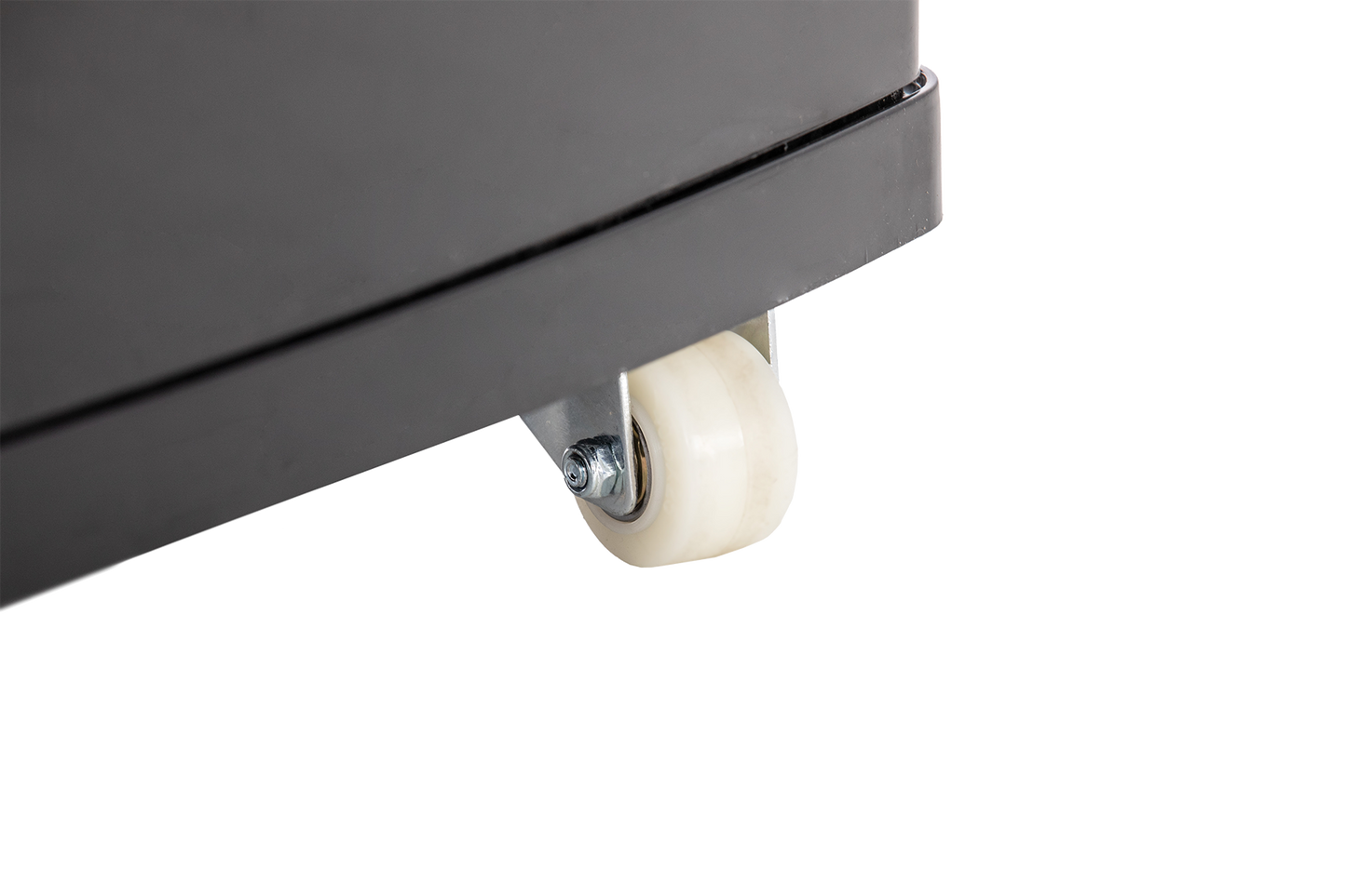 KBS Panoramavitrine RT-280 G, Detailaufnahme eines weißen Laufrollenrads am schwarzen Gehäuseboden, für mobile Nutzung.