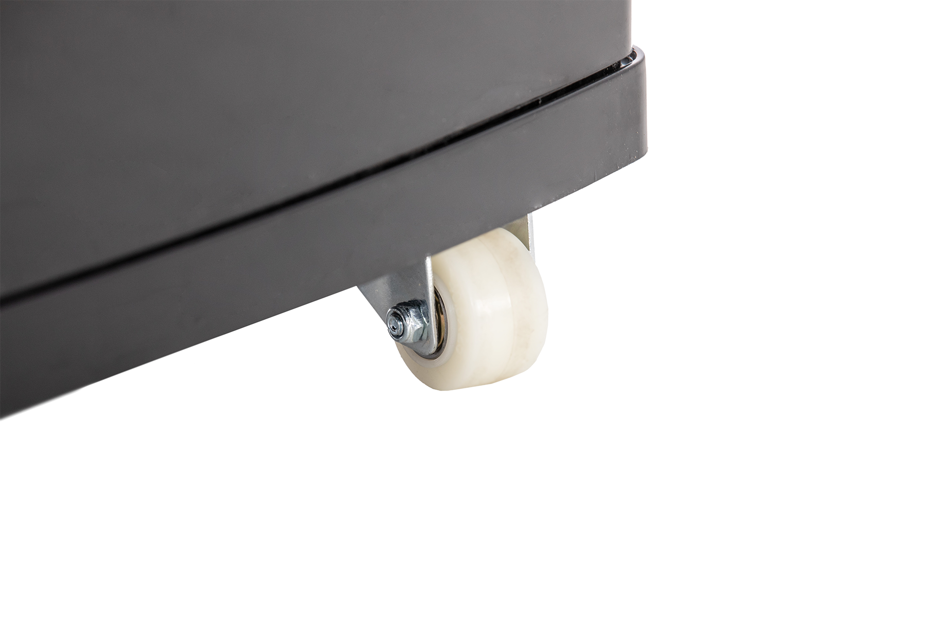 KBS Panoramavitrine RT-280 G, Detailaufnahme eines weißen Laufrollenrads am schwarzen Gehäuseboden, für mobile Nutzung.