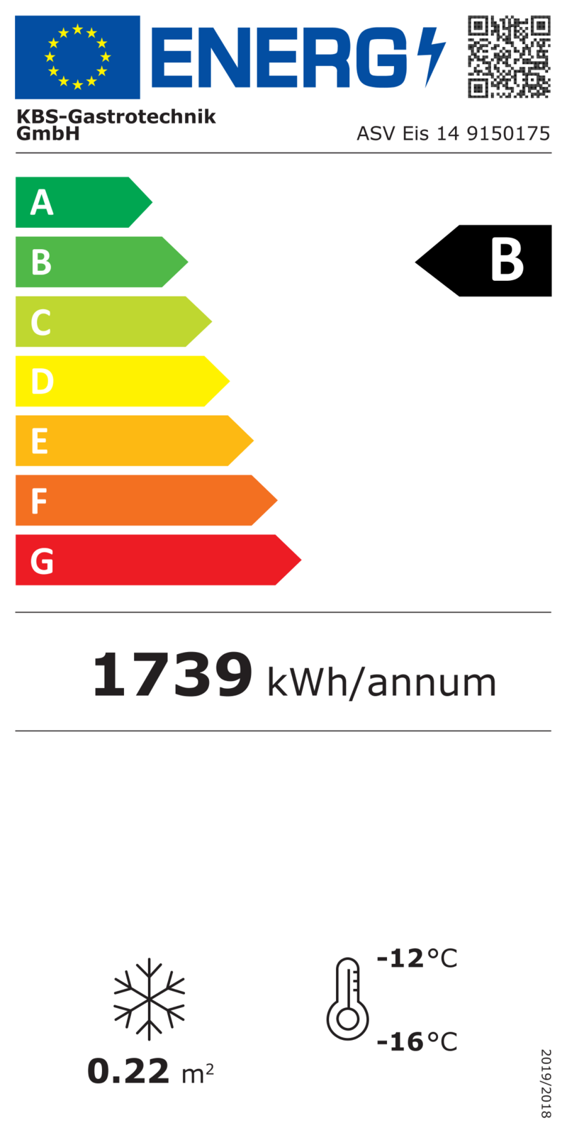9150175 EU-Energielabel mit Piktogrammen für Kühlgerät, Effizienzklasse, Verbrauchswerten, Herstellerkennung und grafischer Skala
