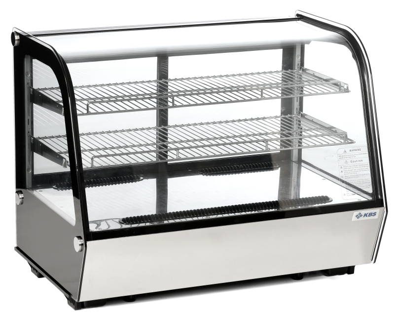 KBS Kühlvitrine zur Aufsatzmontage in Frontansicht. Schwarzes Gehäuse mit gebogener Glasfront und zwei Gitterablagen. Ideal zur Präsentation von Snacks und Kuchen im Thekenbereich.