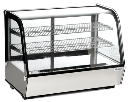 KBS Kühlvitrine zur Aufsatzmontage in Frontansicht. Schwarzes Gehäuse mit gebogener Glasfront und zwei Gitterablagen. Ideal zur Präsentation von Snacks und Kuchen im Thekenbereich.