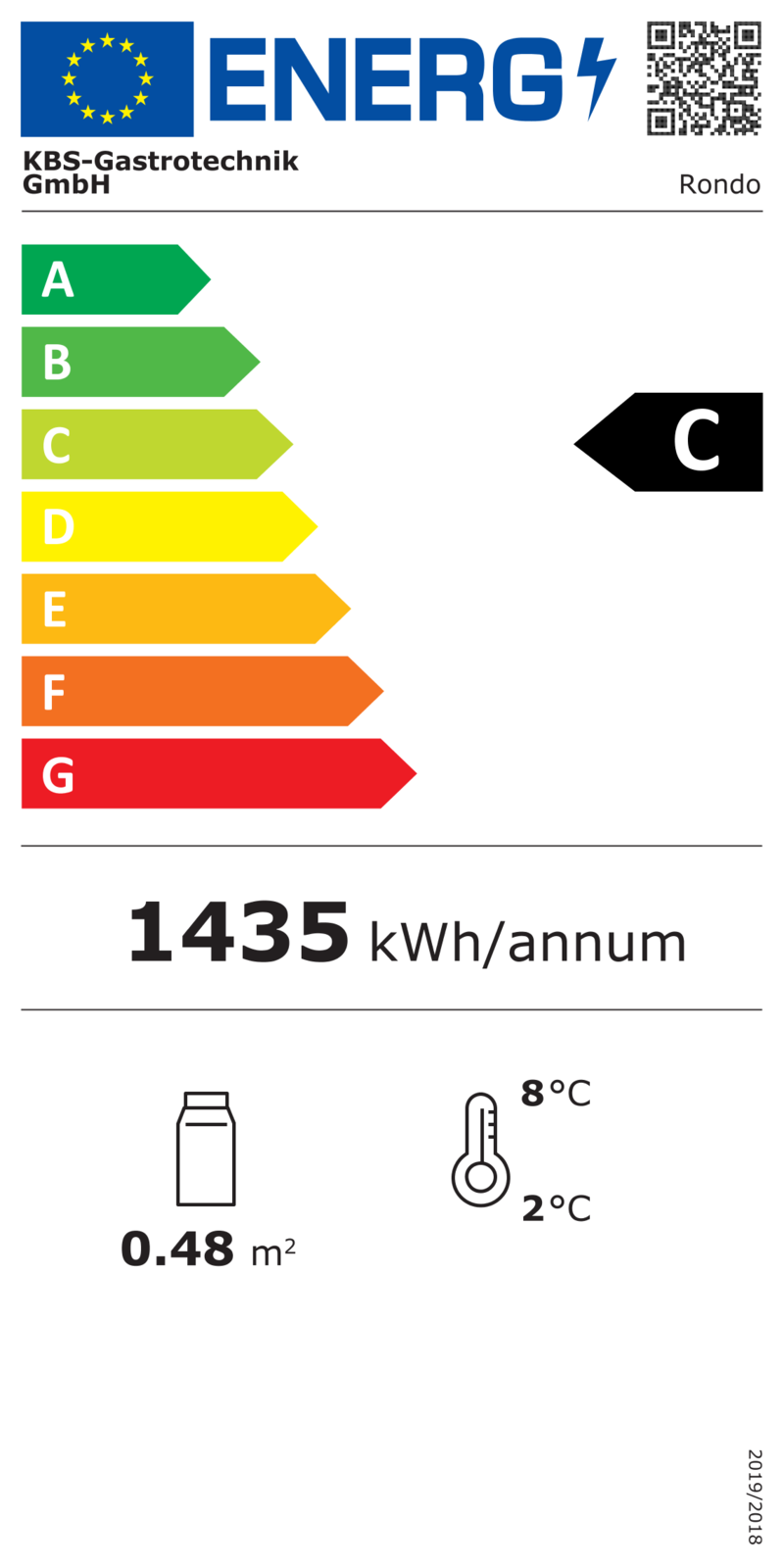 9150311 EU energy label with pictograms for refrigeration appliance, efficiency class, consumption values, manufacturer identification and graphic scale