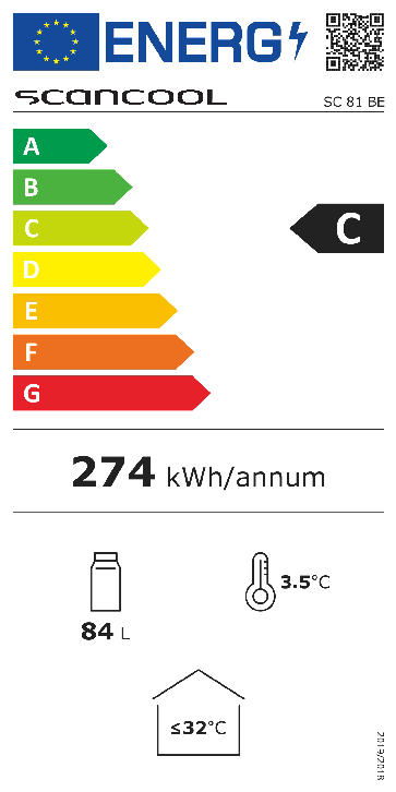 915082 EU energy label with pictograms for refrigeration equipment, efficiency class, consumption values, manufacturer identification and graphic scale