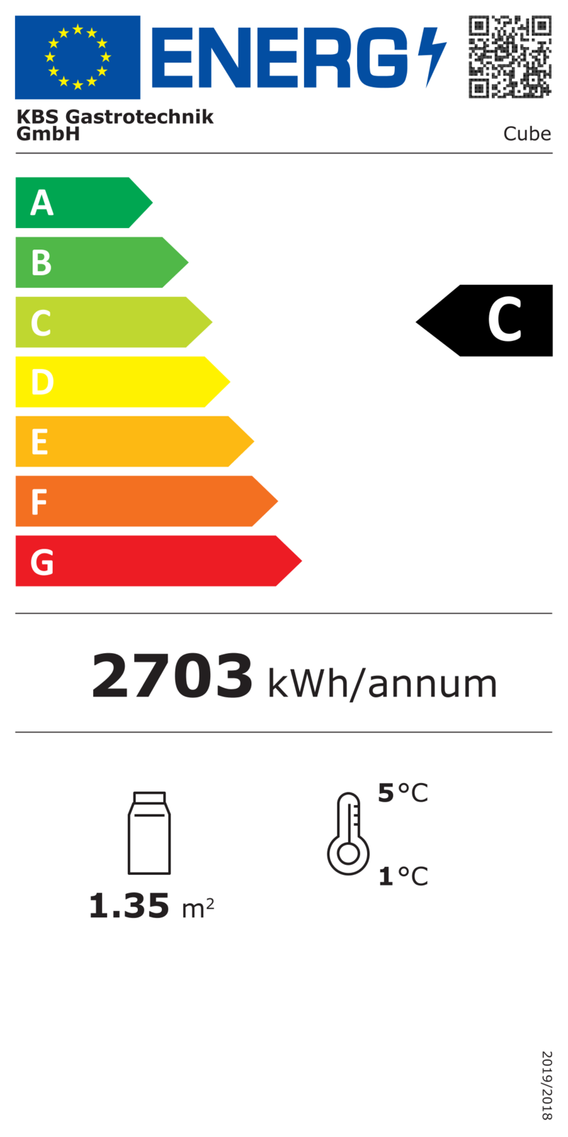 9160270 EU-Energielabel mit Piktogrammen für Kühlgerät, Effizienzklasse, Verbrauchswerten, Herstellerkennung und grafischer Skala