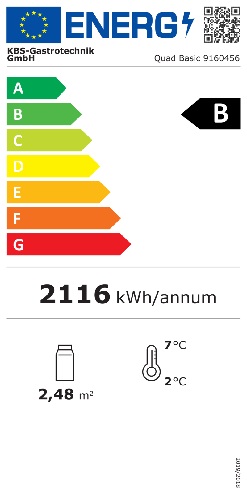 9160456 EU-Energielabel mit Piktogrammen für Kühlgerät, Effizienzklasse, Verbrauchswerten, Herstellerkennung und grafischer Skala