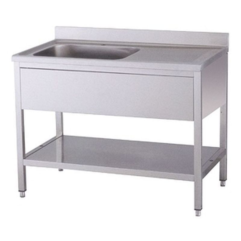 Edelstahl-Spültisch mit einem Becken links, Aufkantung und Unterschrank, freistehend