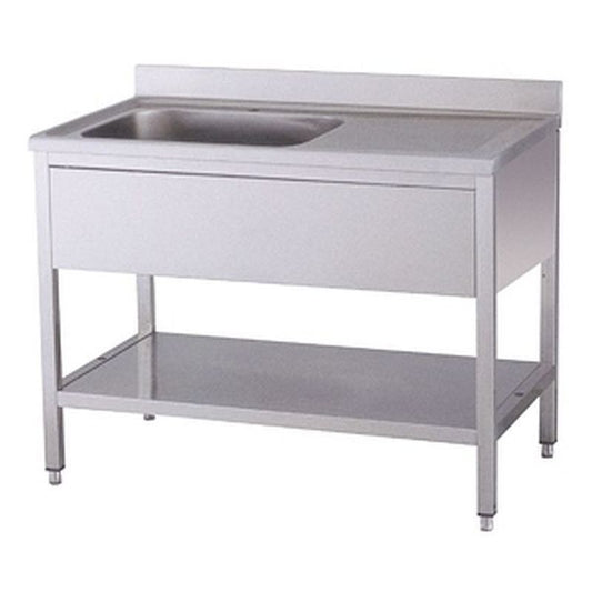 Edelstahl-Spültisch mit einem Becken links, Aufkantung und Unterschrank, freistehend
