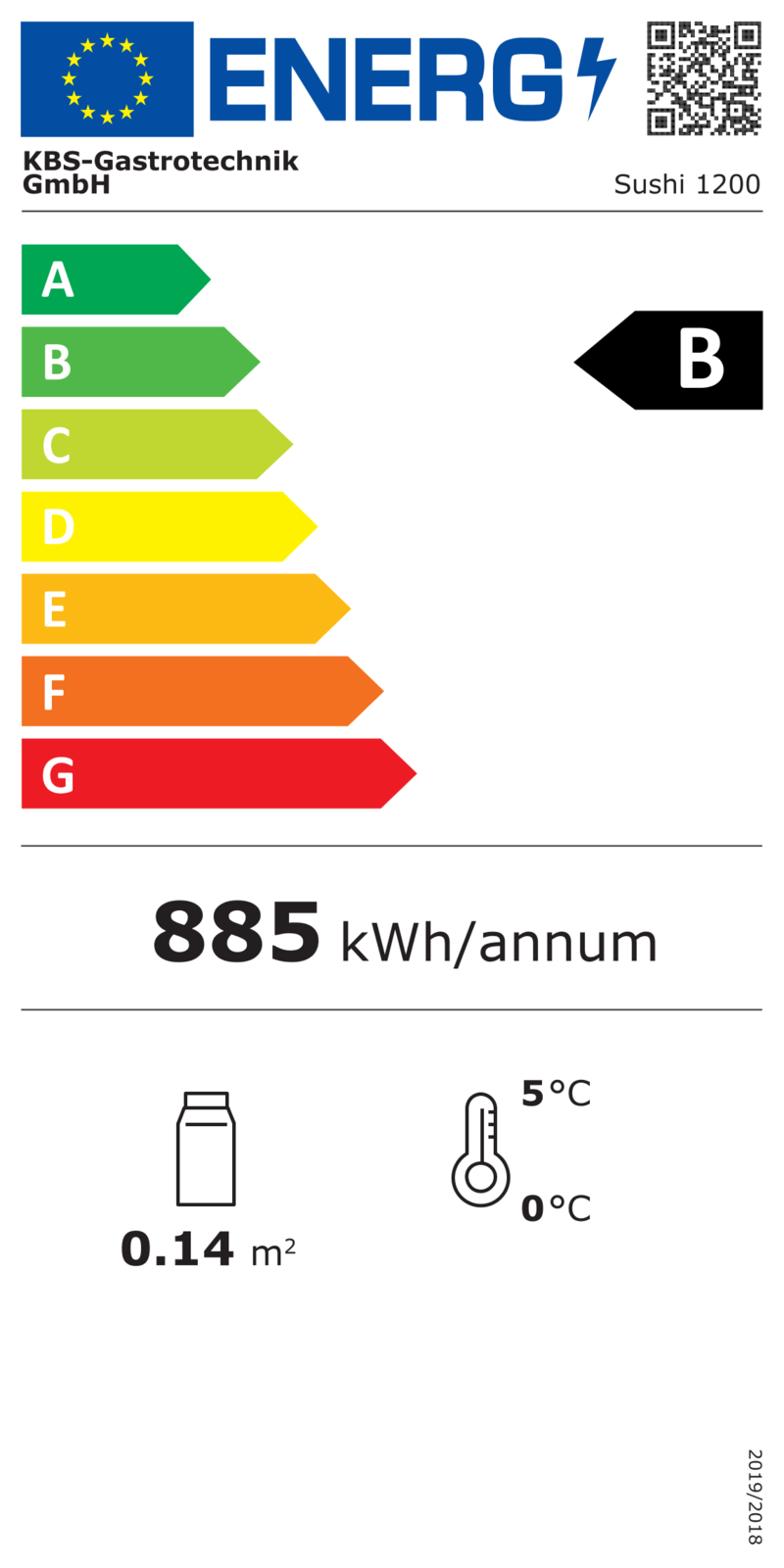 9161200 EU-Energielabel mit Piktogrammen für Kühlgerät, Effizienzklasse, Verbrauchswerten, Herstellerkennung und grafischer Skala