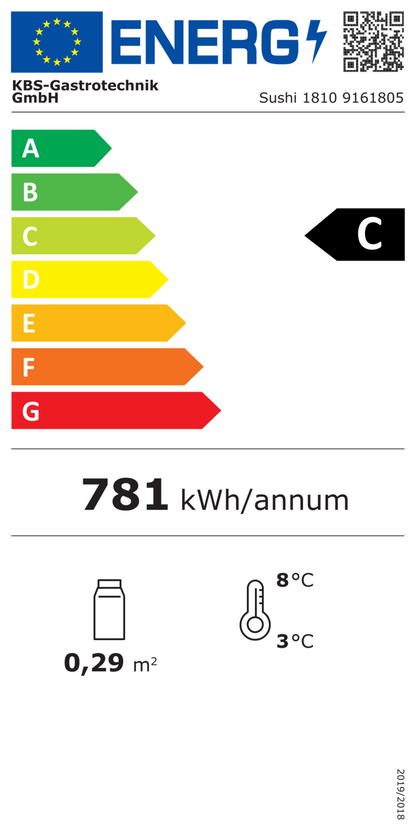 9161805 EU-Energielabel mit Piktogrammen für Kühlgerät, Effizienzklasse, Verbrauchswerten, Herstellerkennung und grafischer Skala