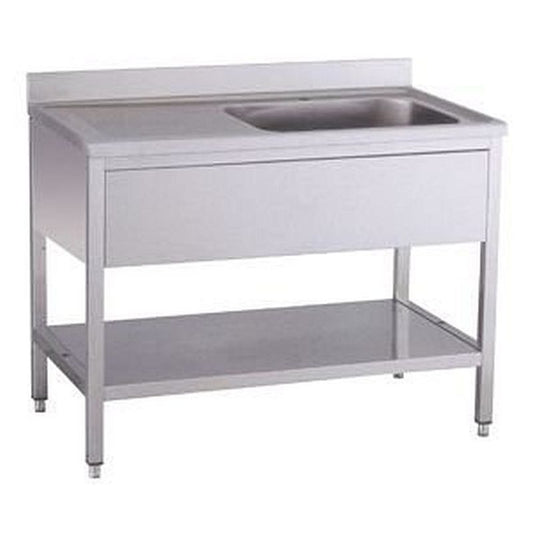 Edelstahl-Spültisch mit einem Becken rechts, Aufkantung und Unterschrank, Frontansicht