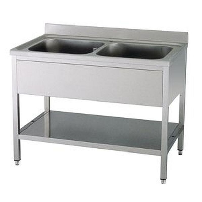 Edelstahl-Spültisch mit zwei Becken, Aufkantung und Ablage, 120cm Breite
