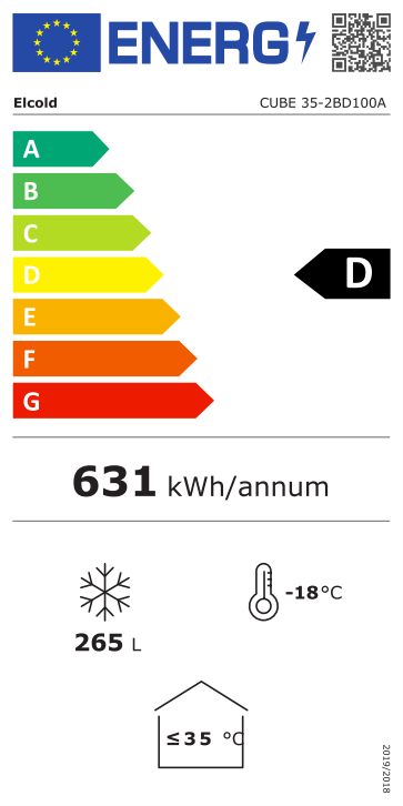 9171038 EU-Energielabel mit Piktogrammen für Kühlgerät, Effizienzklasse, Verbrauchswerten, Herstellerkennung und grafischer Skala