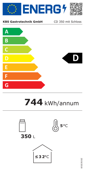 9190014 EU-Energielabel mit Piktogrammen für Kühlgerät, Effizienzklasse, Verbrauchswerten, Herstellerkennung und grafischer Skala