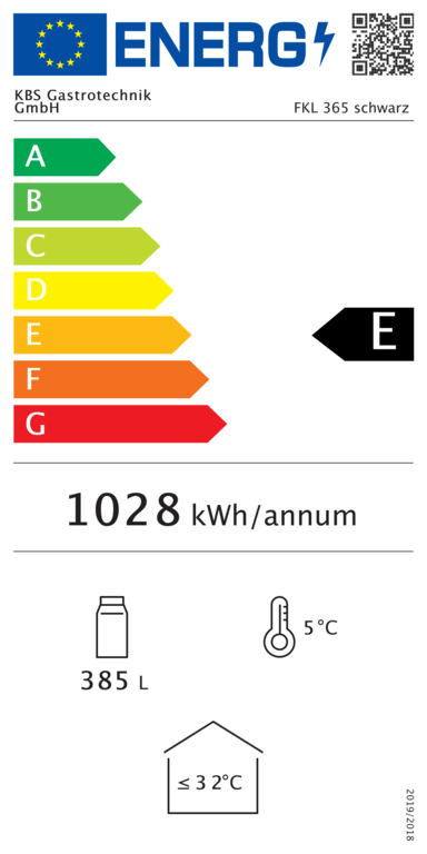 9190026 EU-Energielabel mit Piktogrammen für Kühlgerät, Effizienzklasse, Verbrauchswerten, Herstellerkennung und grafischer Skala