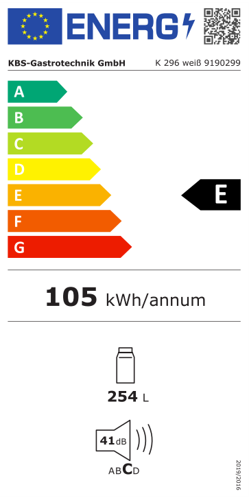 9190299 EU-Energielabel mit Piktogrammen für Kühlgerät, Effizienzklasse, Verbrauchswerten, Herstellerkennung und grafischer Skala