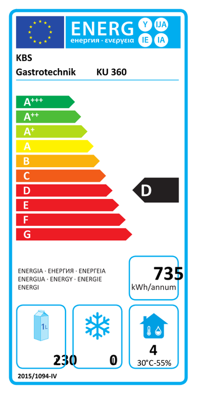 9190360 EU-Energielabel mit Piktogrammen für Kühlgerät, Effizienzklasse, Verbrauchswerten, Herstellerkennung und grafischer Skala