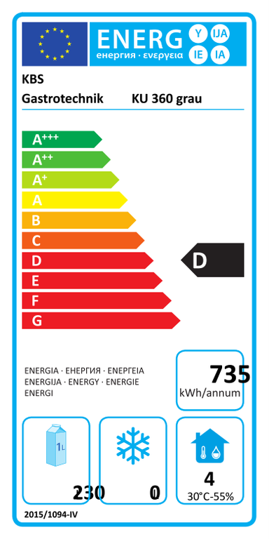 9190364 EU-Energielabel mit Piktogrammen für Kühlgerät, Effizienzklasse, Verbrauchswerten, Herstellerkennung und grafischer Skala
