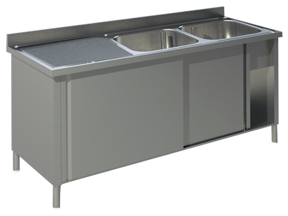 Edelstahl-Spülschrank mit Schiebetüren, zwei Becken rechts, Abtropffläche links, 140cm Breite