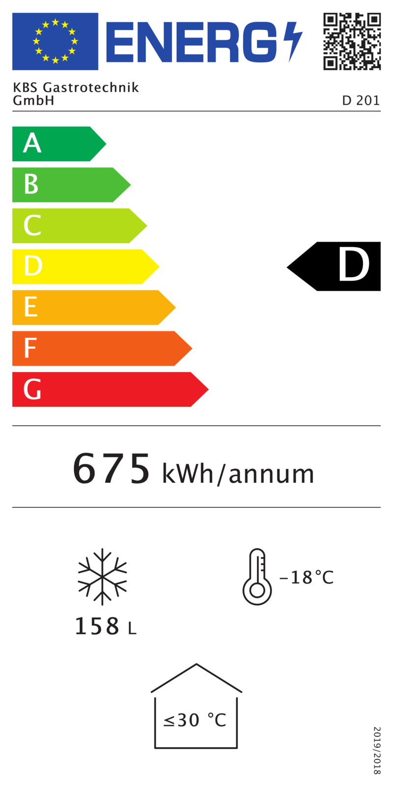 922022 EU-Energielabel mit Piktogrammen für Kühlgerät, Effizienzklasse, Verbrauchswerten, Herstellerkennung und grafischer Skala